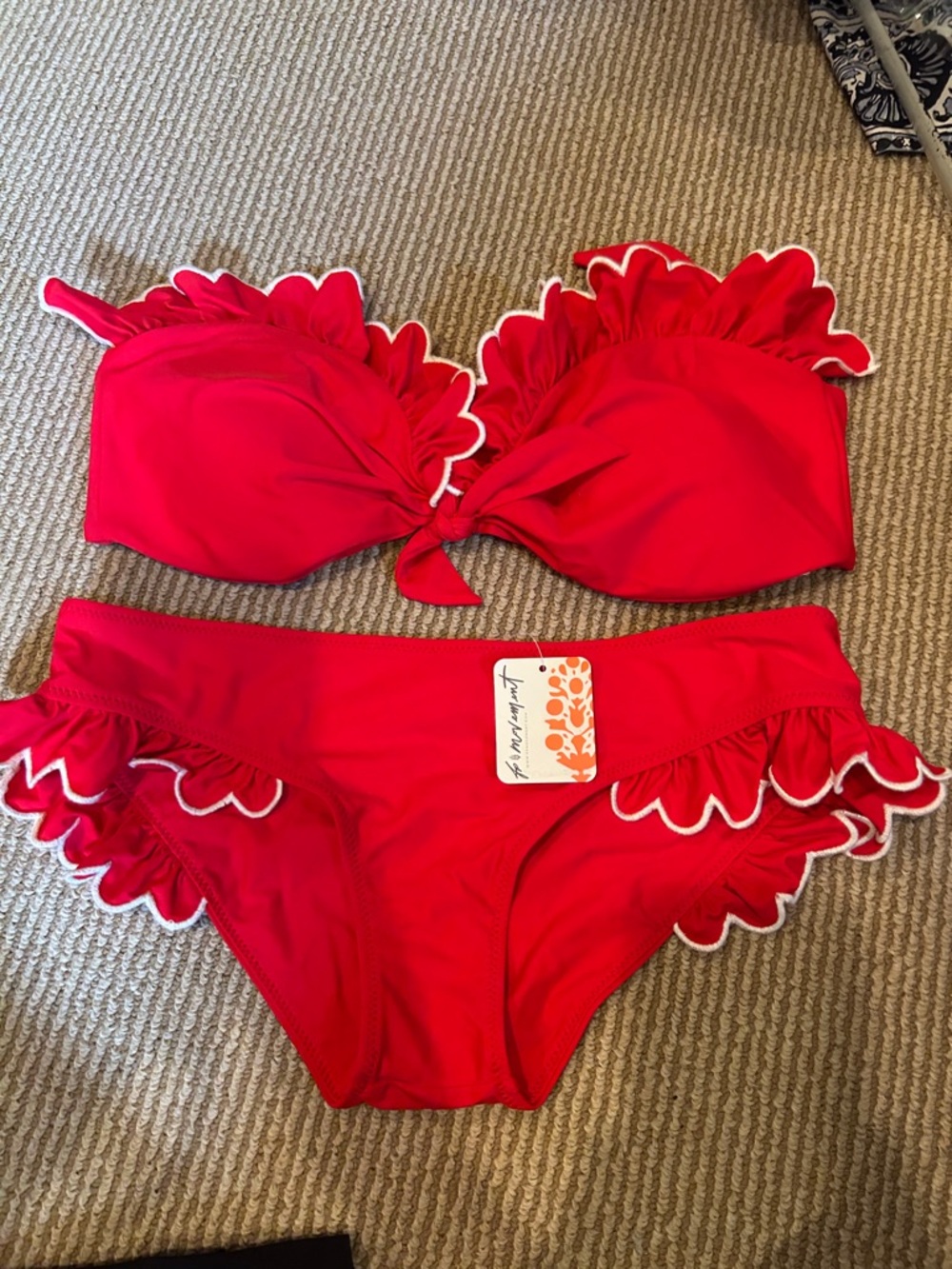 NWT Free People paper London Red Ruffled Bandeau Tie-Front Bikini set size S/M - Picture 7 of 12